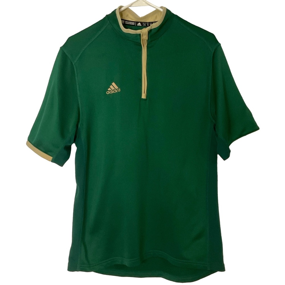 Adidas Team Iconic Qtr-Zip Dark Green Baseball Cage Shirt w/Tan Trim; Size Small